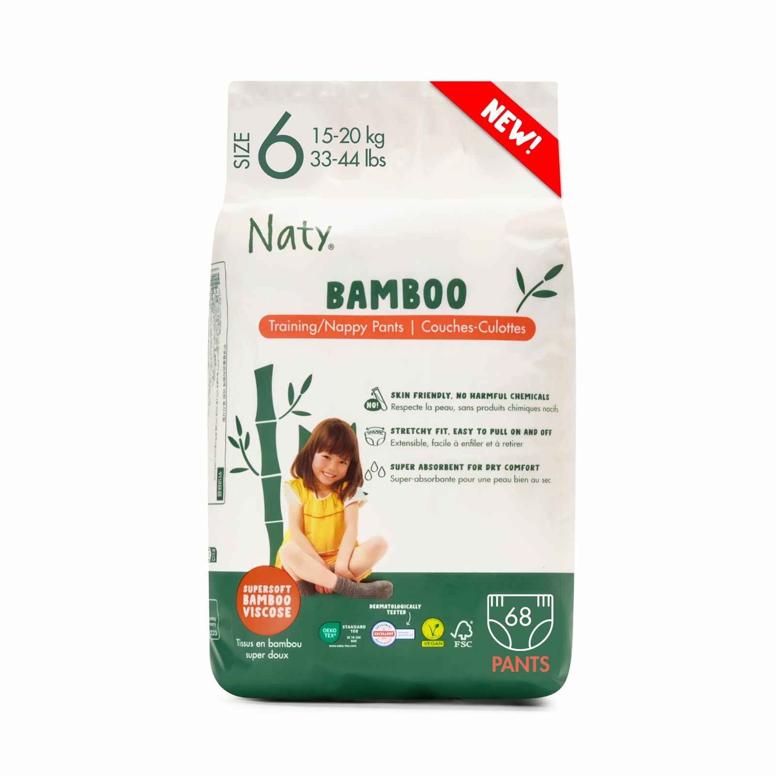 Naty Bamboo - Pañales-braguita de viscosa de bambú - suavidad sedosa, pañales-braguita de origen vegetal, dermatológicamente testados para piel sensible y súper absorbentes (talla 6, 68 unidades)