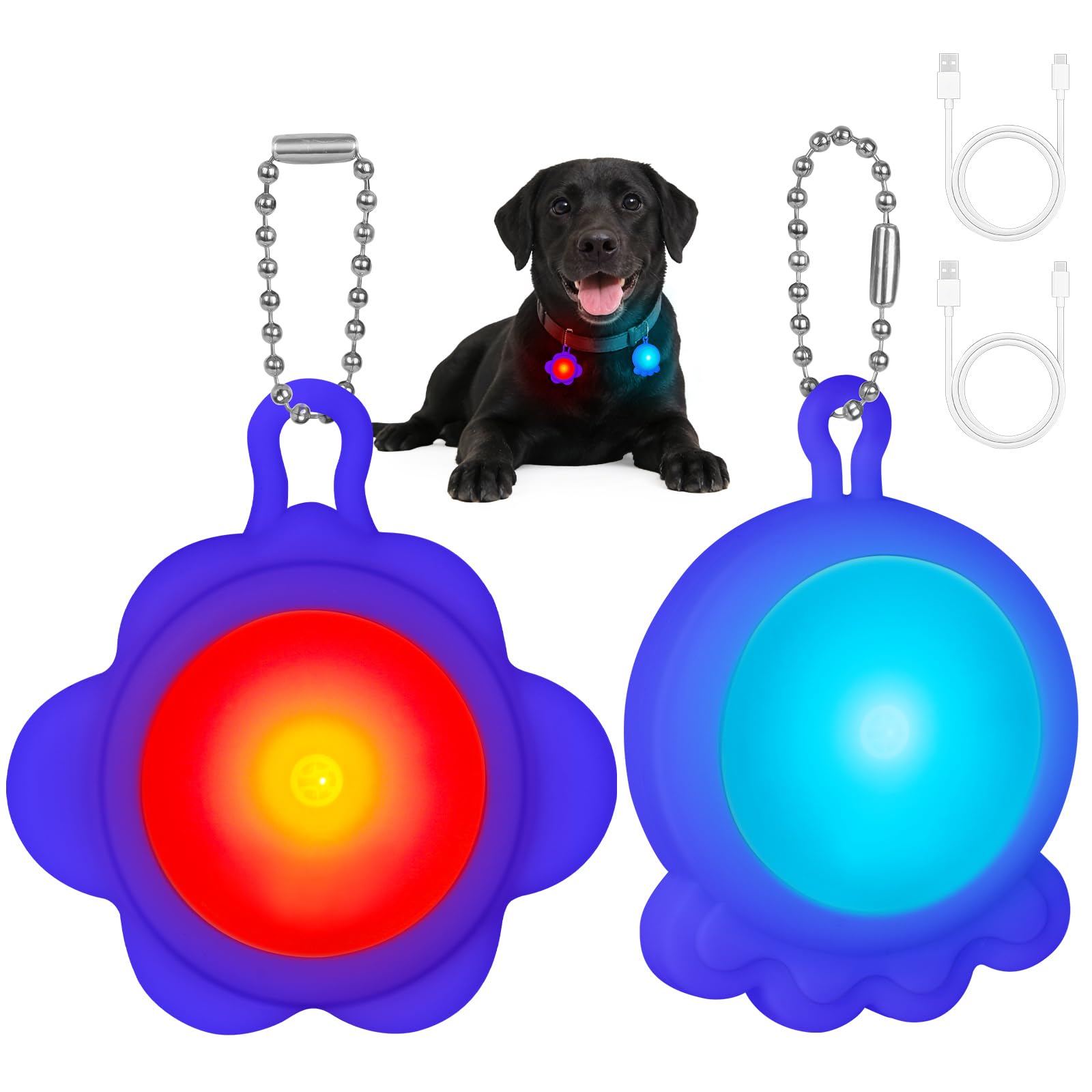 AUAUY 2-Pack Dog Lights for Night Walking, 4 Modes USB Rechargeable Light Up Dog Collar Light, LED Flashing Lights for Night Walking Running Camping Cycling School Bag (Blue)
