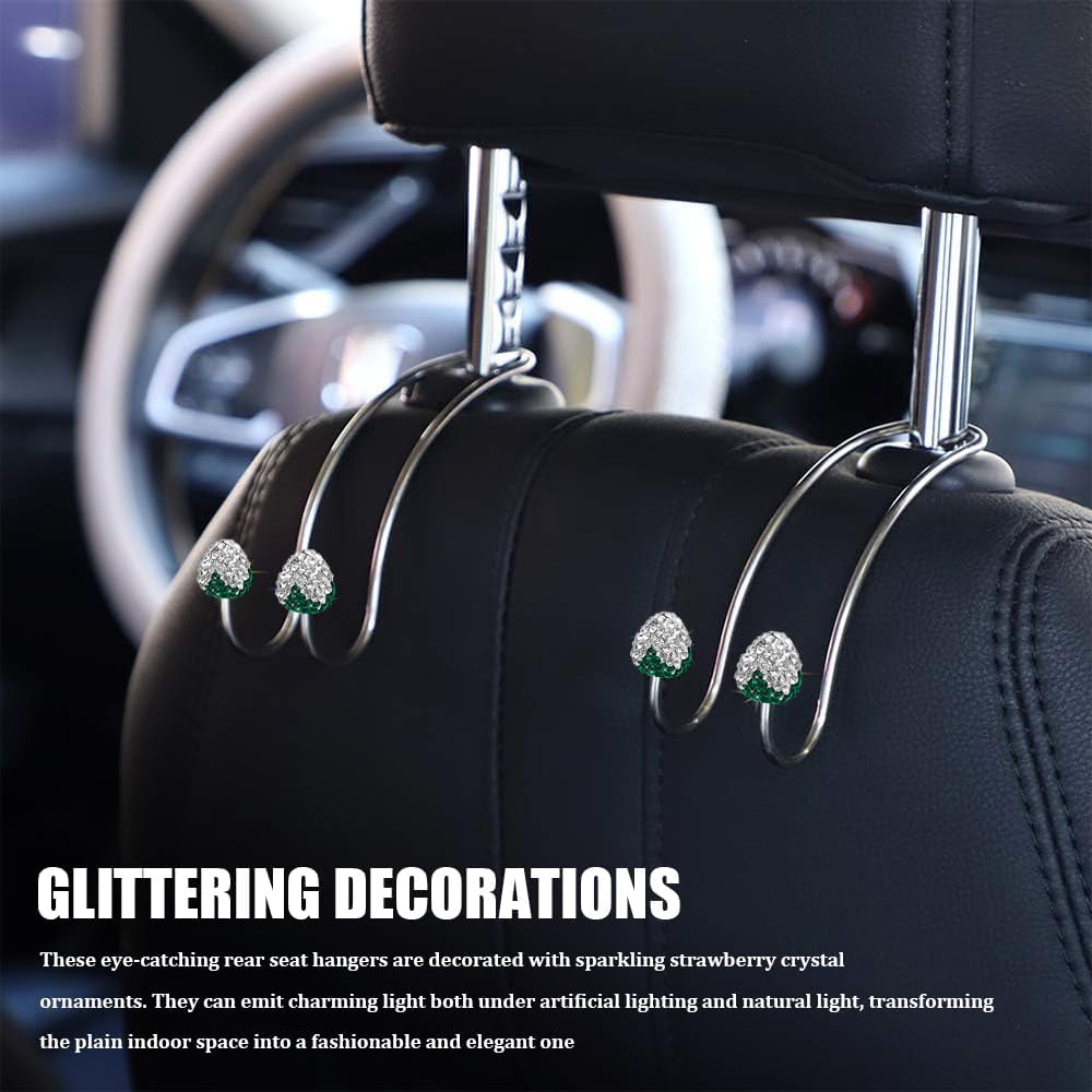 2PCS Car Headrest Hooks Decorations, Bling Diamond Strawberry Shape Purse Hook Seat Back Hangers, Stainless Steel Headrest Hook Crystal Seat Organizer for Car SUV Truck image 4