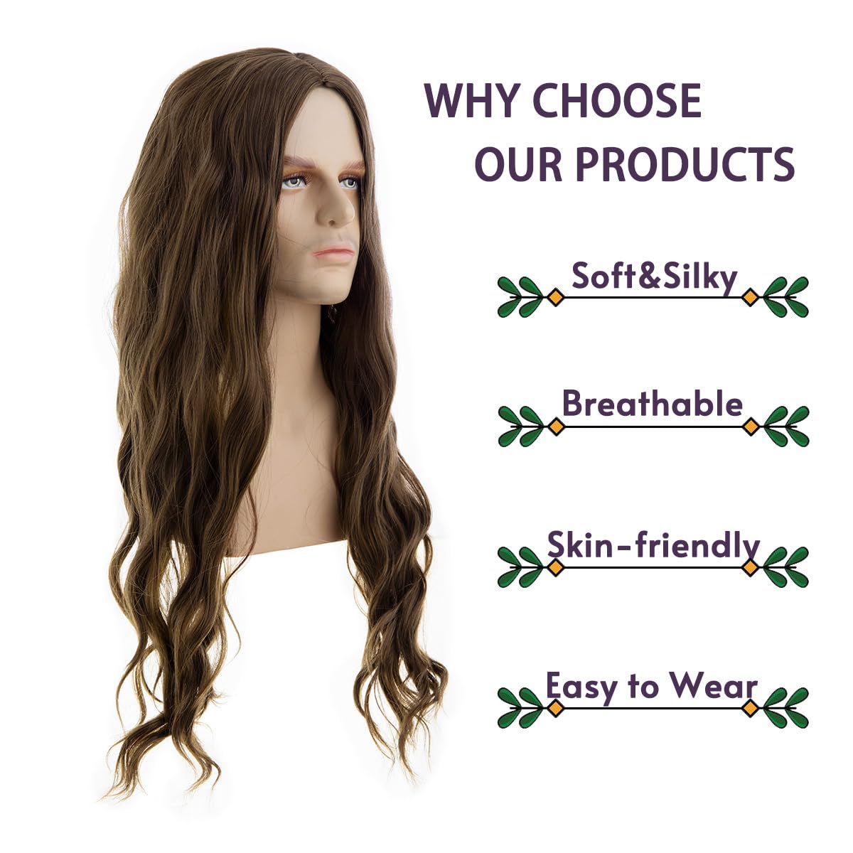 Sallcks Long Curly Wavy Brown Wigs for Men, 28 inches Synthetic Costume Cosplay Halloween Hair Wig