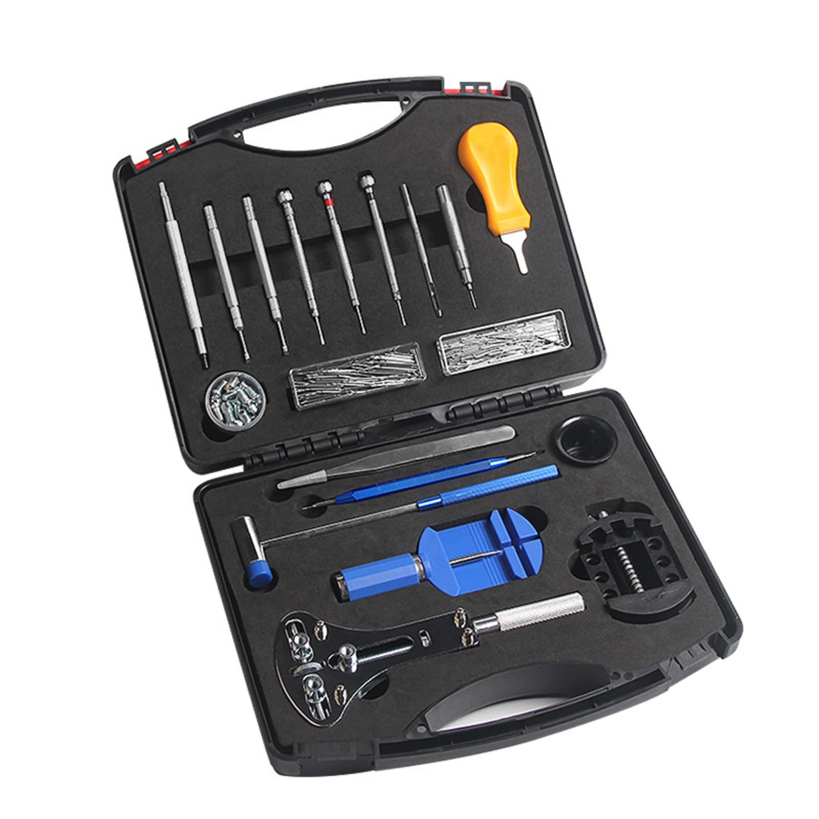 Kit Riparazione Orologi Set Attrezzi Utensili Strumenti Cassa Apricasse con Estrattore Maglie Cacciaviti Strumento Molle Pinzette Alloggiamenti