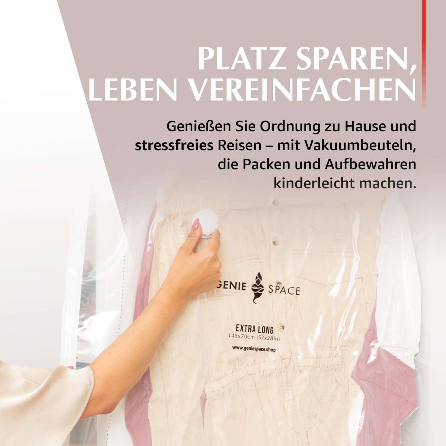 GENIE SPACE Premium Vakuumbeutel zum Aufhängen für Kleidung, Anzüge & Kleider – 5er Pack REGULAR (105×70 cm), Luftdicht, Geruchsdicht & Wiederverwendbar – Doppelt versiegelt, mit Handpumpe