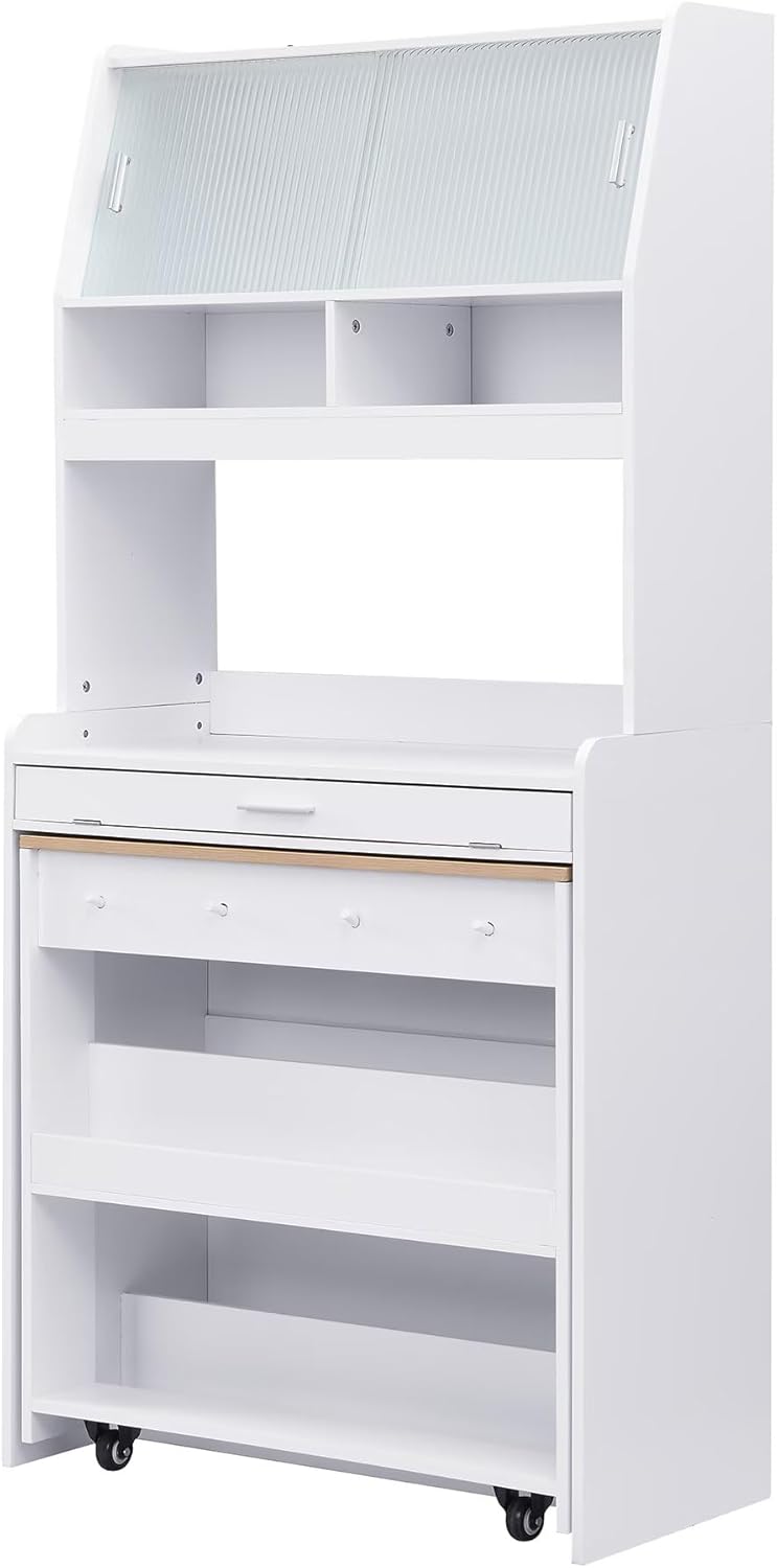 Compact 33.5x15.7x69inch Buffet with Hutch and Foldable Dining Table, Multifunctional Cupboard with Storage Shelf and Side Hooks for Small Places,Studio, Apartment, Natural