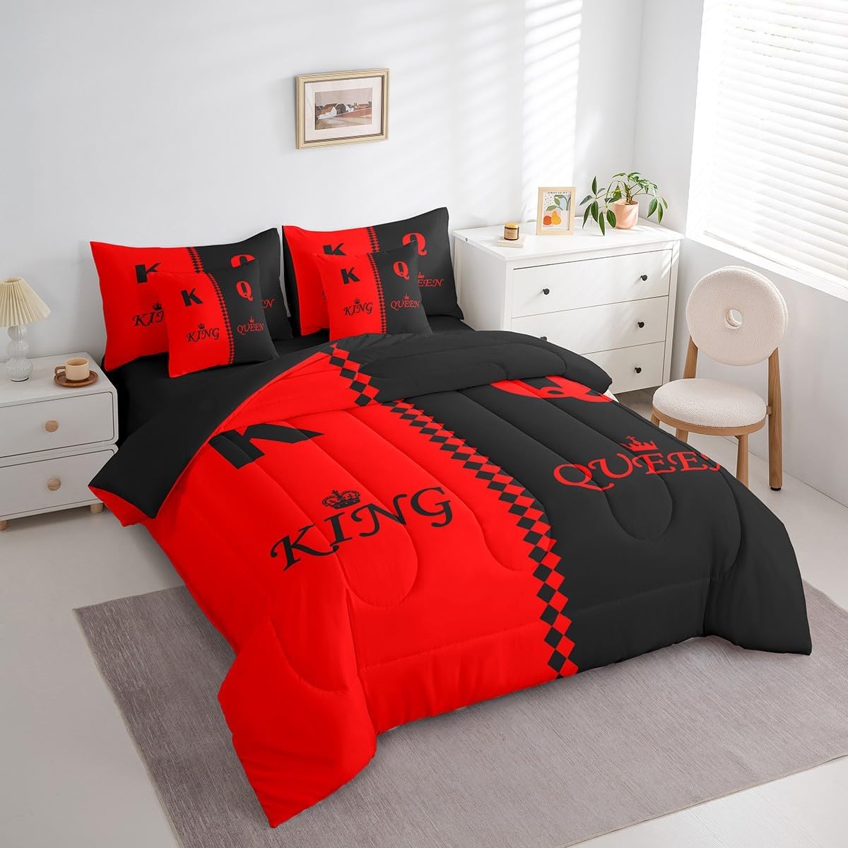 Feelyou Valentine Day Queen King 7 Piece Bedding Set King Size Black Red Comforter Set with Sheets for Adult Lovers Couple Romantic Bed in a Bag Simple Fashion Bed Set