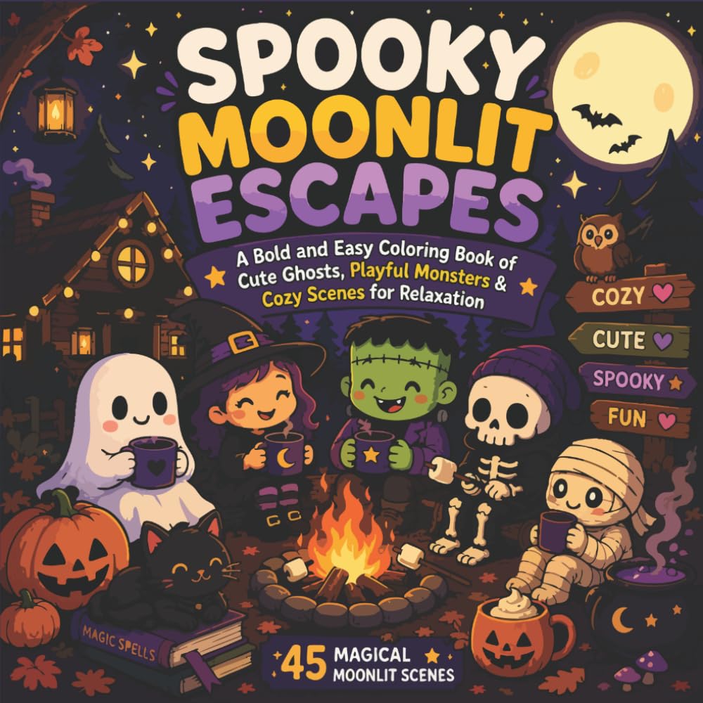 Spooky Moonlit Escapes: A Bold and Easy Coloring Book of Cute Ghosts, Playful Monsters and Cozy Scenes for Relaxation