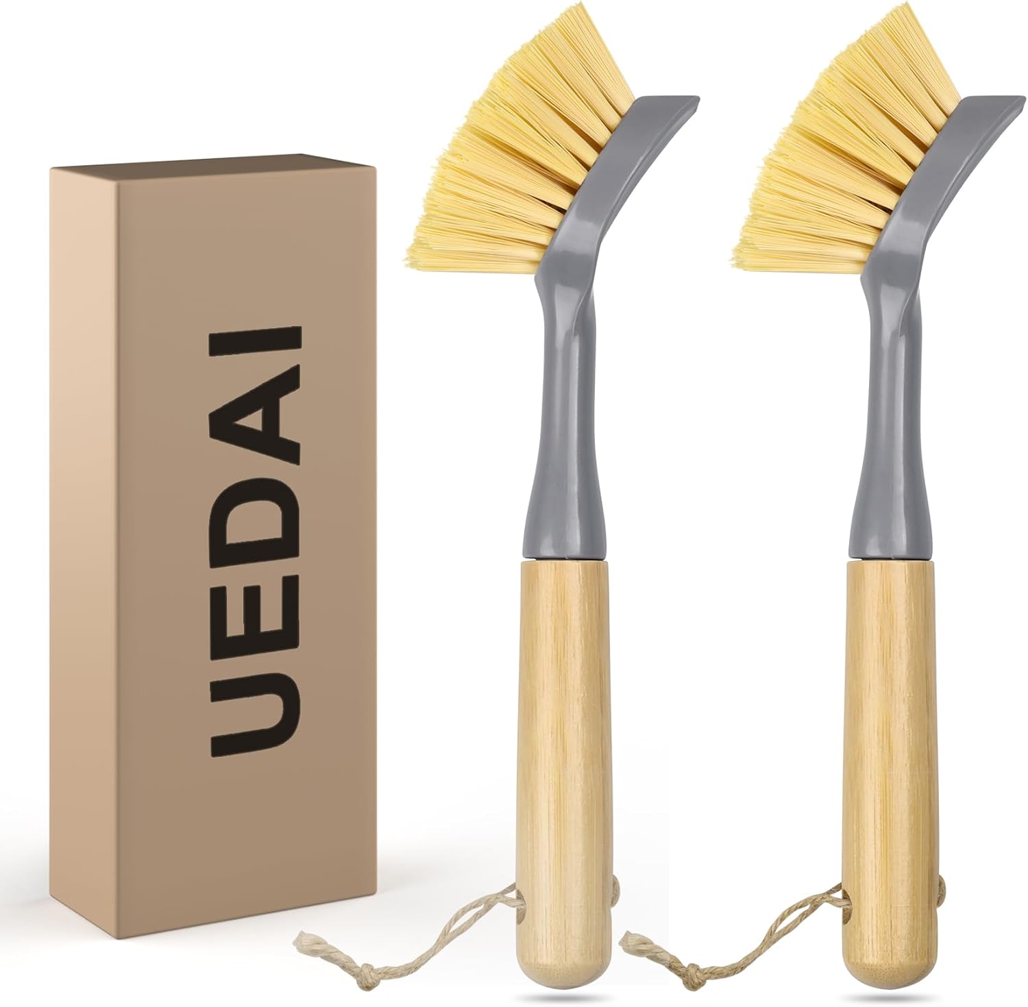 Kitchen Scrub Brushes with Bamboo Handle Built-in Scraper, Dish Brush for Cleaning Pans, Pots, Sink and Counter, 2 Pack