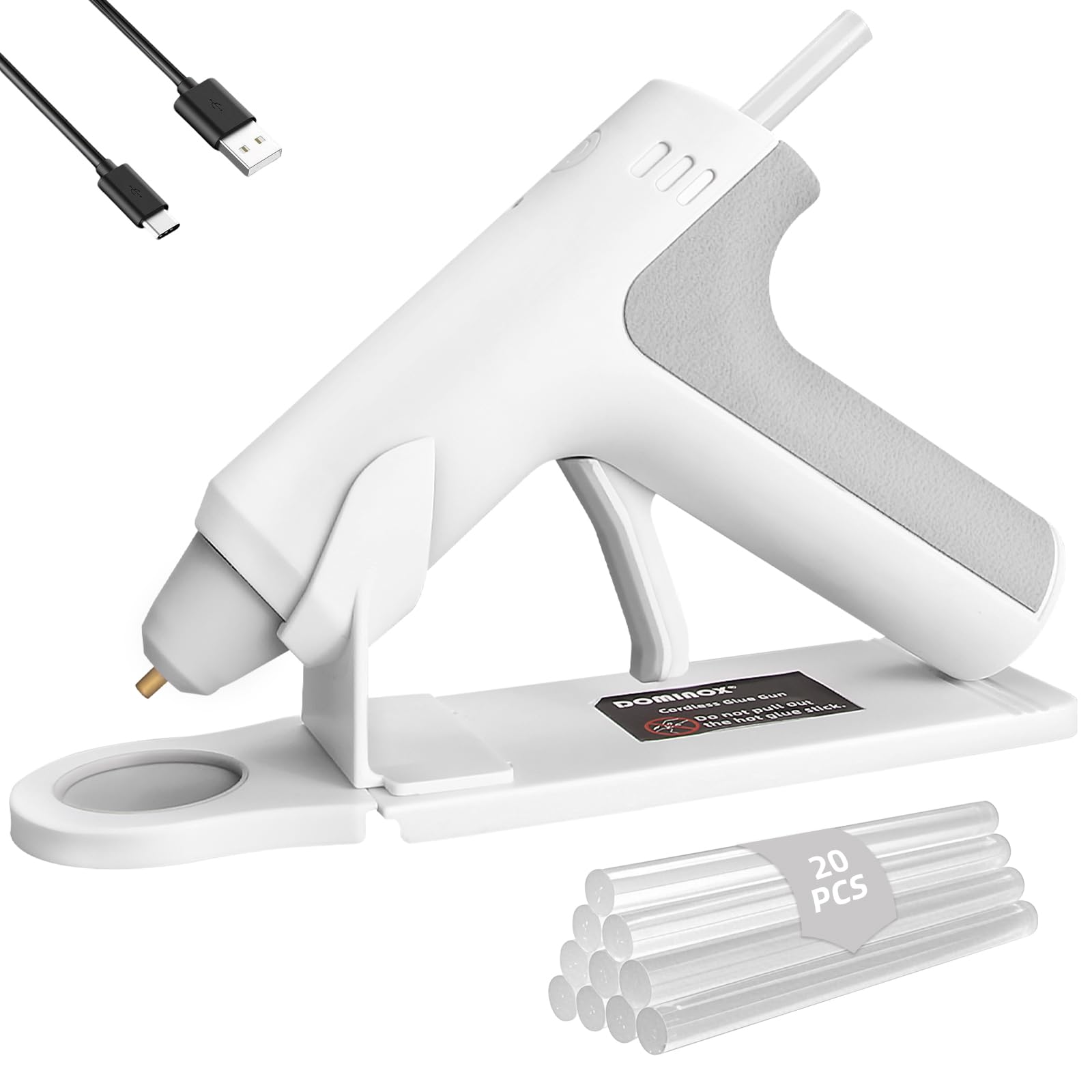 Pistola de Pegamento Caliente Inalámbrica con 20 Barras de Silicona, Calentamiento Rápido de 25S, Batería Recargable 2000mAh Type-C, Apagado inteligente, para Arte, Artesanía, DIY, Blanco