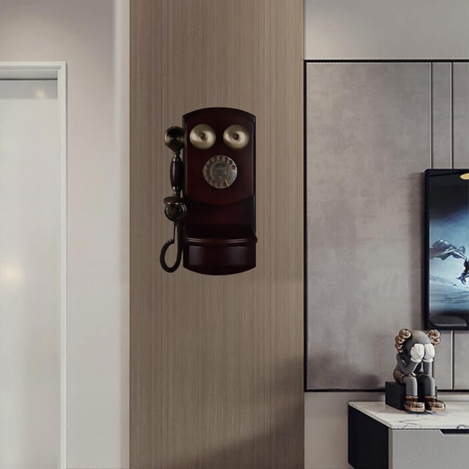 Téléphones Fixes Classiques rétro à l'ancienne - Téléphone à Cadran Rotatif Mural avec Cloche en métal Classique et Fonction Mains Libres et Recomposition pour décor de Bureau à Domicile Bois appliq