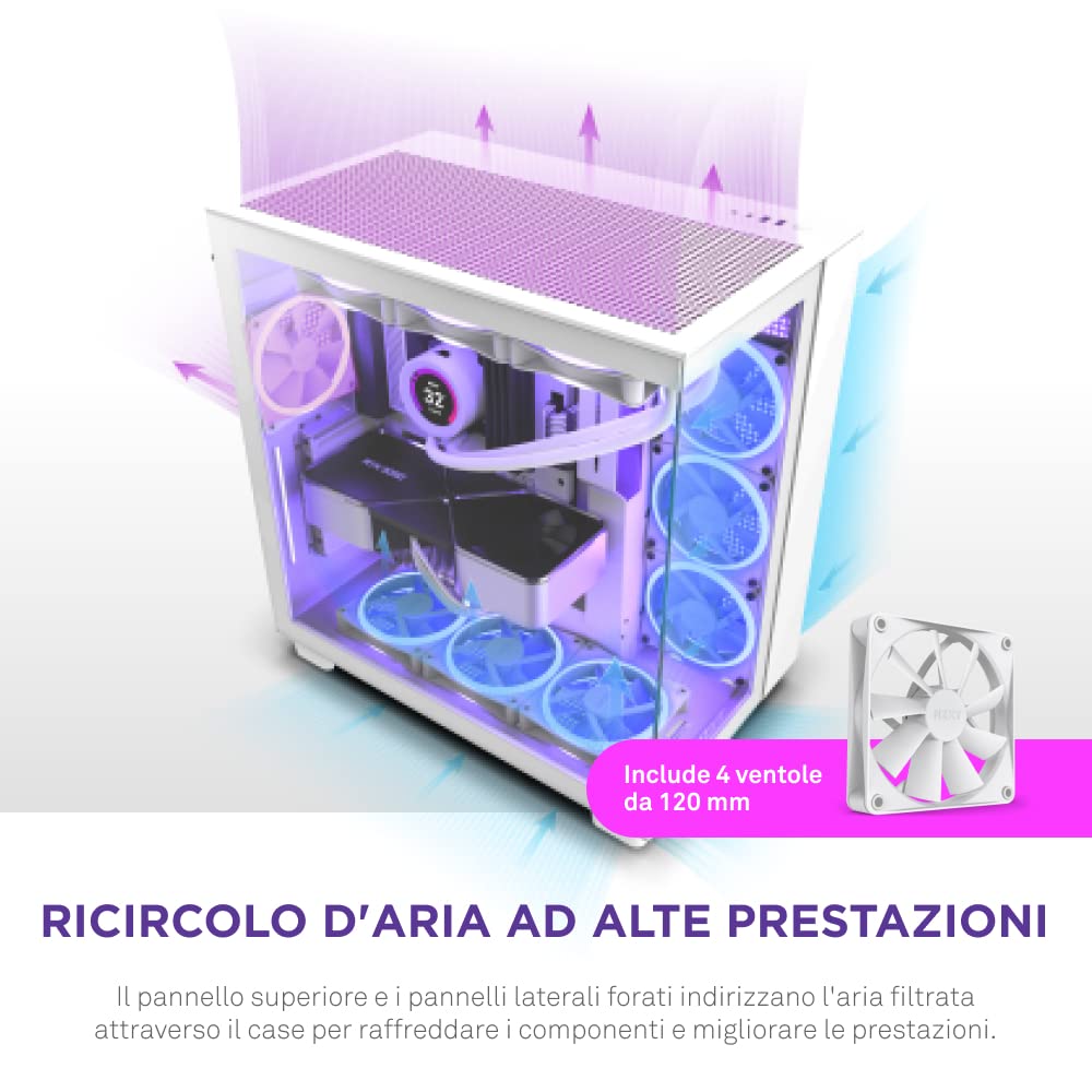 NZXT H9 Flow Case per PC gaming mid-tower ATX a doppia camera, Pannello superiore forato per un elevato ricircolo dell'aria, Pannello frontale e laterale in vetro temperato, Bianco, CM-H91FW-01