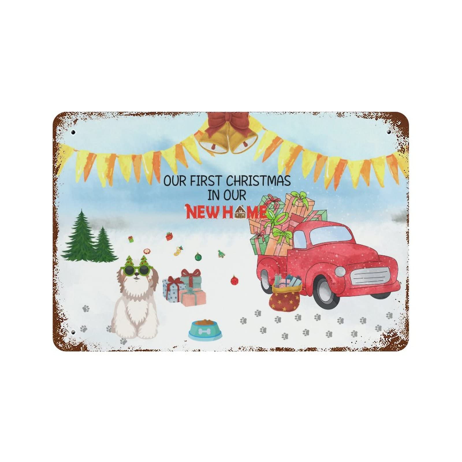 Panneau de Noël First Christmas camion et chien décoration de maison 30x45 cm