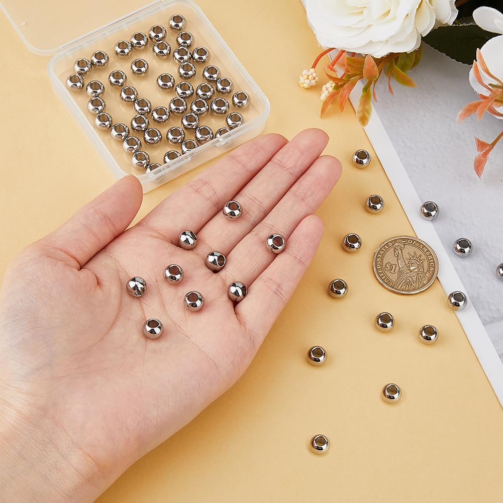 DICOSMETIC 100Pcs 8mm Round Metal Beads Stainless Steel Spacer Beads Large Hole Metal European Bead Seamless Ball Loose Bead for Jewelry Making, Hole: 4mm - Image 3