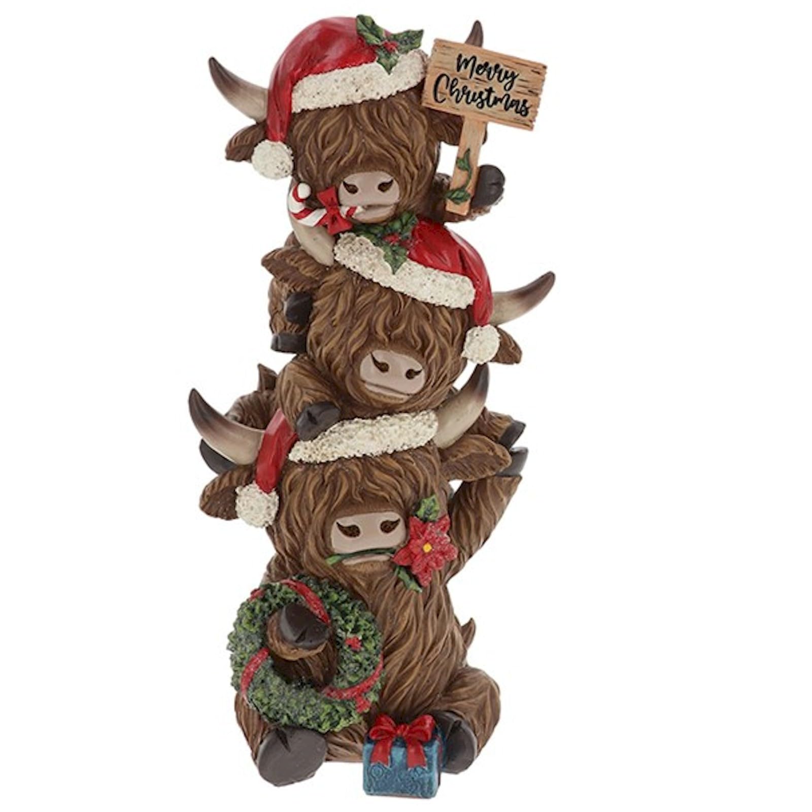 Shudehill Giftware Merry Christmas Trio Totem of Highland Cows Ornament Figurine - Christmas Decoration