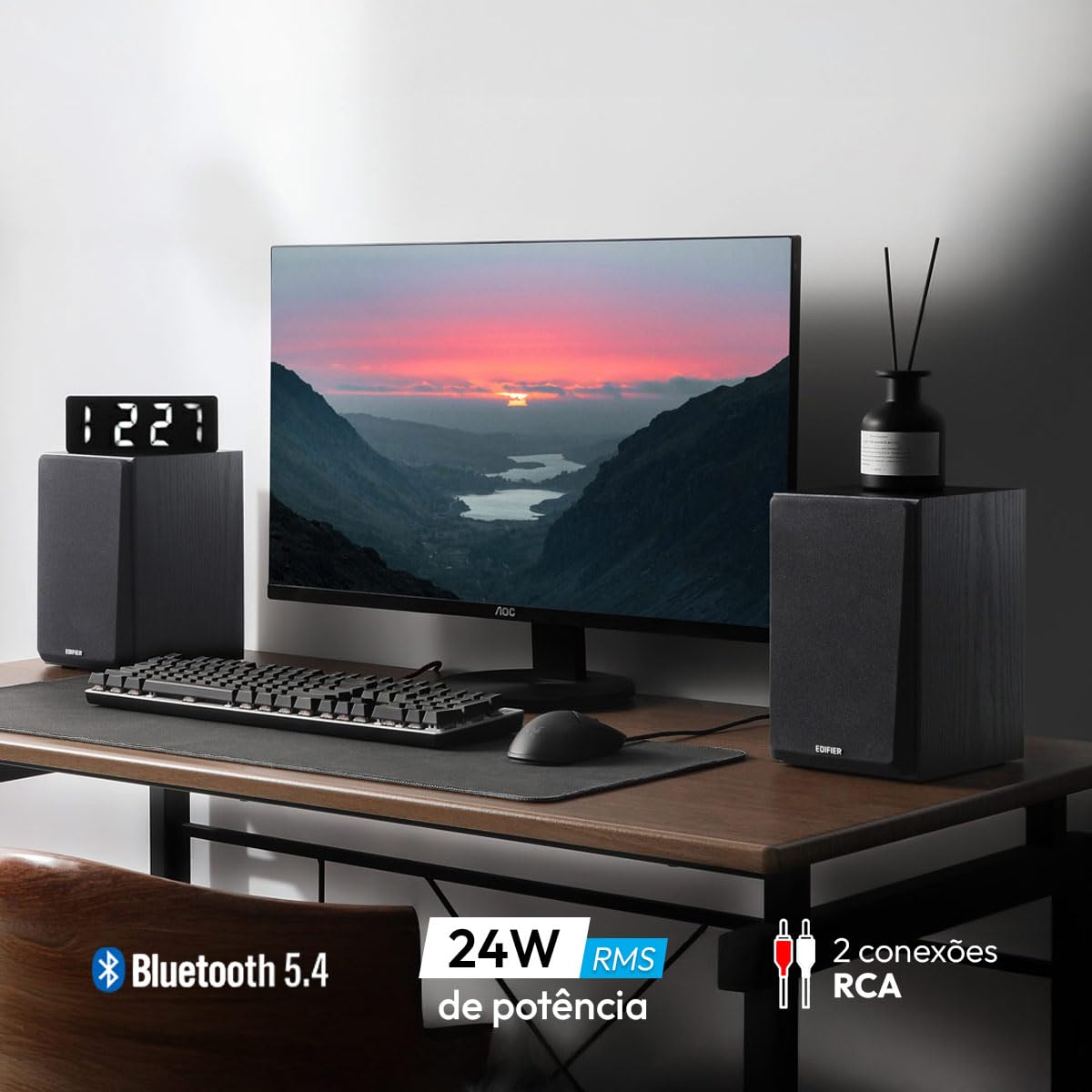 Edifier R990BT Głośniki półkowe Bluetooth 5.4, aktywny głośnik multimedialny 2.0, moc wyjściowa 24 W, wejścia RCA/AUX/Bluetooth, cyfrowe przetwarzanie audio, obudowa MDF, sterowanie aplikacją, do PC