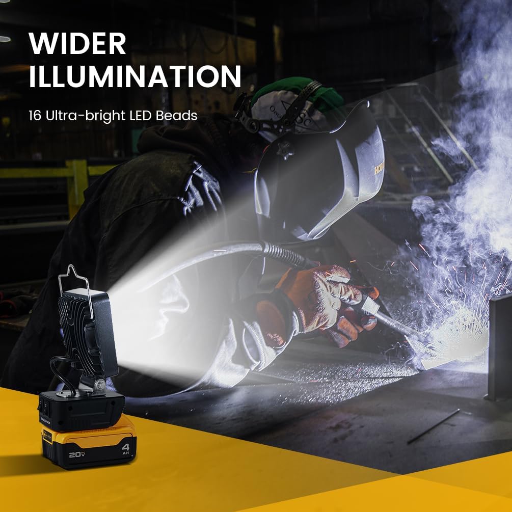 34W Cordless Work Light for Dewalt, Compatible with 18V and 20V Batteries, 140° Rotation, 3400lm Brightness, USB & Type C Charging