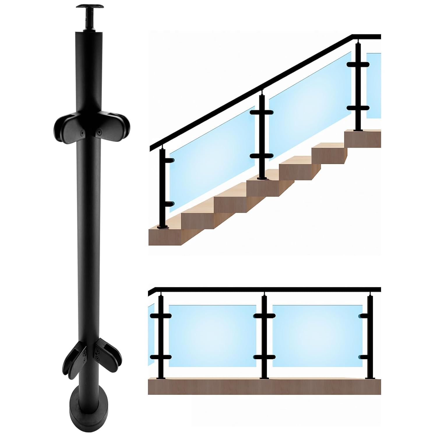 33.46" Round Glass Stair Railing Post System Stainless Steel 304 Stair Top Handrail Bracket Post with 4 Glass Clamp & Rubber,Black Metal Balustrade Suitable for Deck,Stair,Proch(Corner Post)