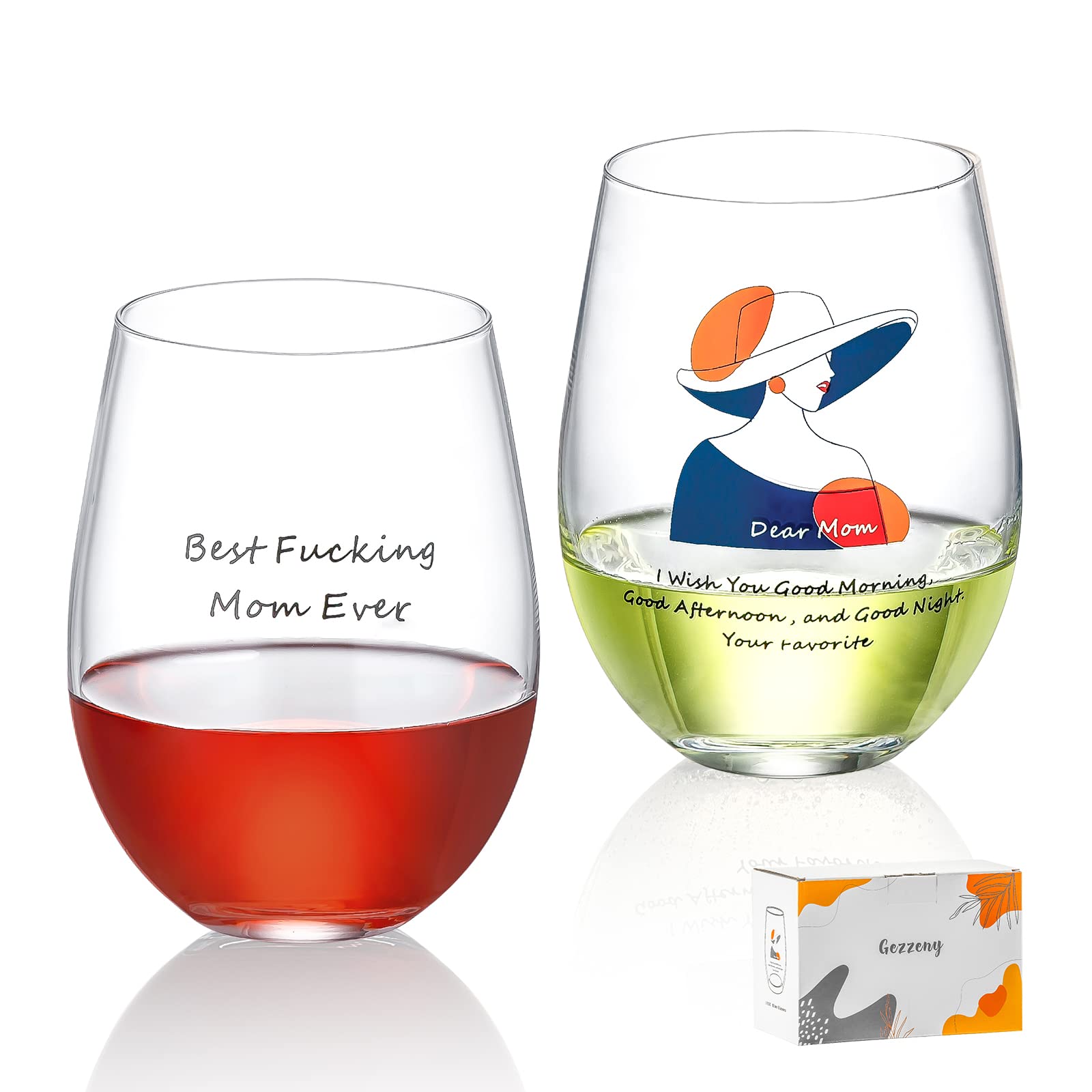 Gezzeny Wine Glasses for Mom, Set of 2 Stemless Fun Novelty Present Women, Wife, Idea Mother's Day Gifts, Thanksgiving Christmas Gifts from Daughter, Son, Kids Transparent