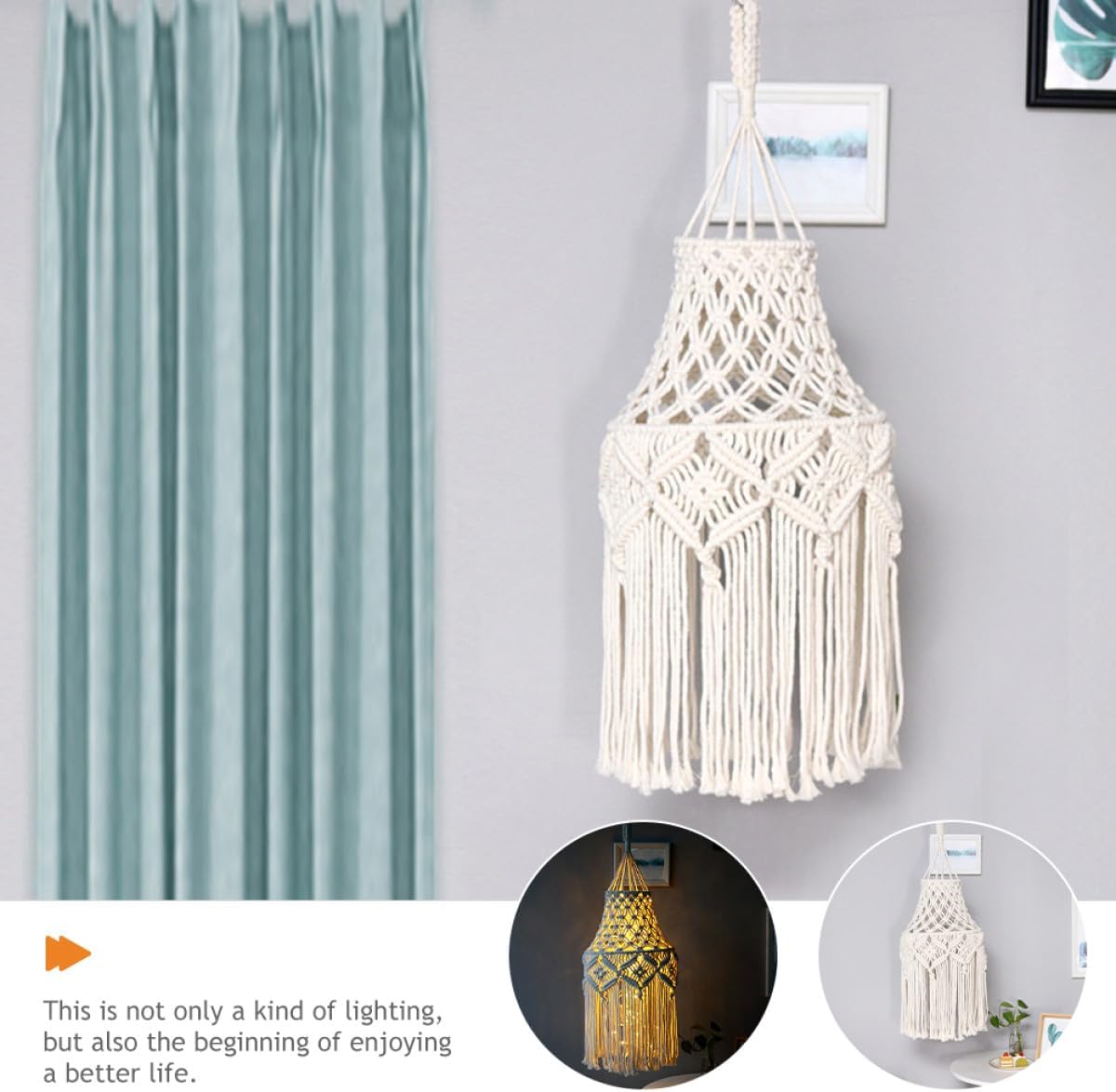 Bohemian Macrame Lamp Shade with Tassel Woven Cotton Rope Hanging Ceiling Lamp Cover for Bedroom and Indoor Lighting