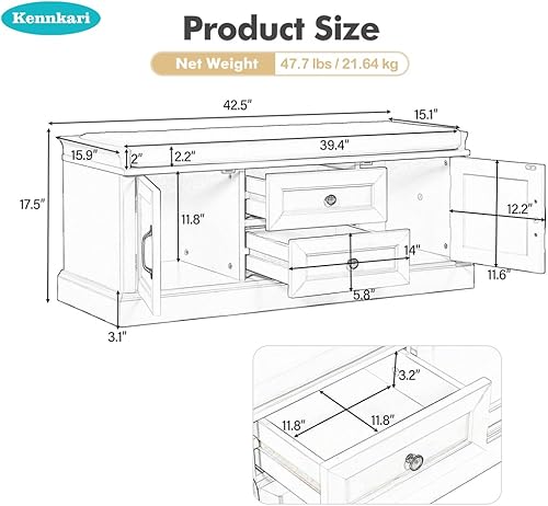 Miniatura 2 de Kennkari Banco de almacenamiento con cajones y 2 armarios, banco de zapatos con cojín extraíble para entrada, pasillo, vestíbulo, sala de estar,