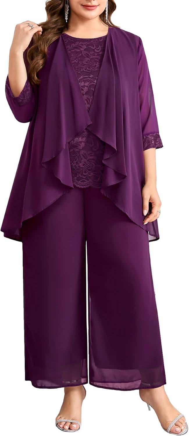 CYCLAMEN Women's Plus Size 3 Piece Pantsuit Formal Wedding Guest Mother of The Bride Groom Lace Chiffon Elegant Outfit