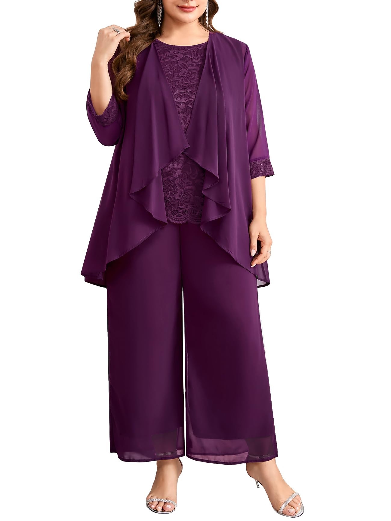 CYCLAMEN Womens Plus Size 3 Piece Pantsuit Formal Wedding Guest Mother of The Bride Groom Lace Chiffon Elegant