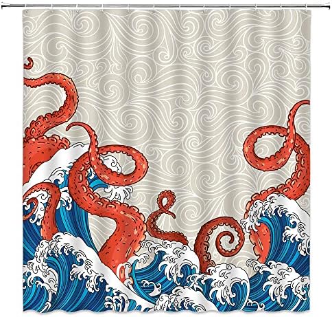 CCXTCZ Octopus Great Wave Shower Curtain Red Kraken Tentacles Blue Ocean Wave Nautical Sea Marine Life Japanese Art Modern Creative Polyester Bathroom Decor Curtain with Hook