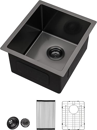 Lordear Fregadero de Barra de Montaje Inferior Negro de 13 x 15 x 9 Pulgadas Fregaderos de Preparación de Barra Negro Gunmetal Acero Inoxidable