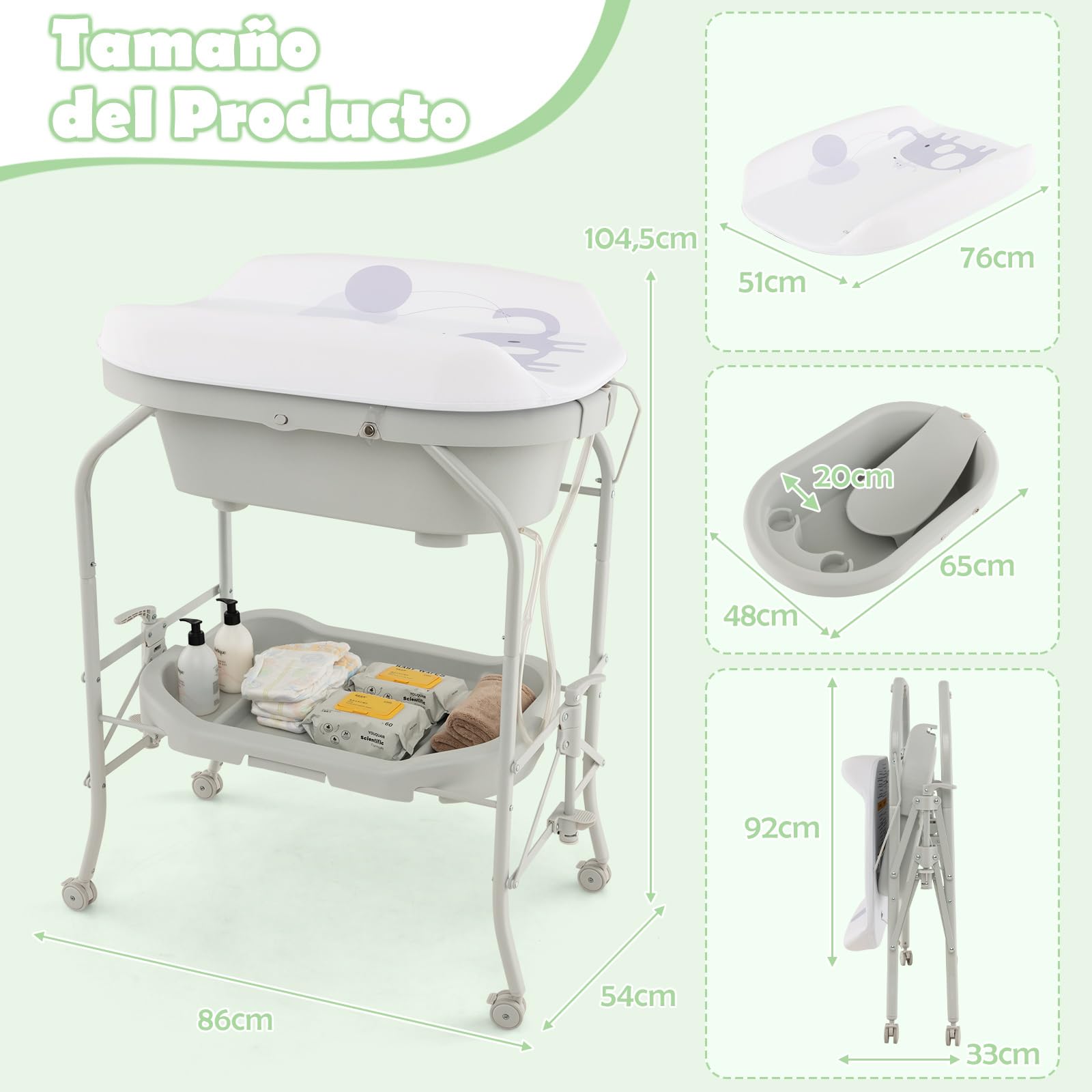 COSTWAY Bañera Bebe con Cambiador 4 en 1, Bañera Cambiador Bebe con Bandeja y 4 Ruedas Bloqueables, Cambiador Bebe Portátil y Plegable con Cesta de Almacenaje, Cojín Impermeable,Carga 35kg(Gris Claro)