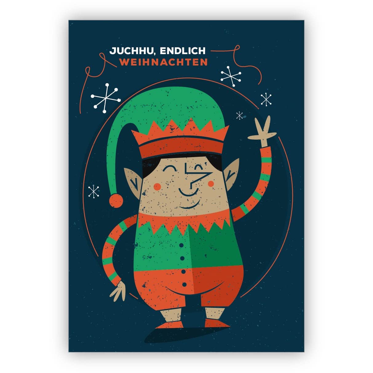 16 Stück: Fröhliche Retro Elfen Weihnachtskarte: Juchhu, endlich Weihnachten • weihnachtliches Grußkarten Set mit Umschlag zum Fest der Liebe als Geschenk-Karten für Familie und Freunde