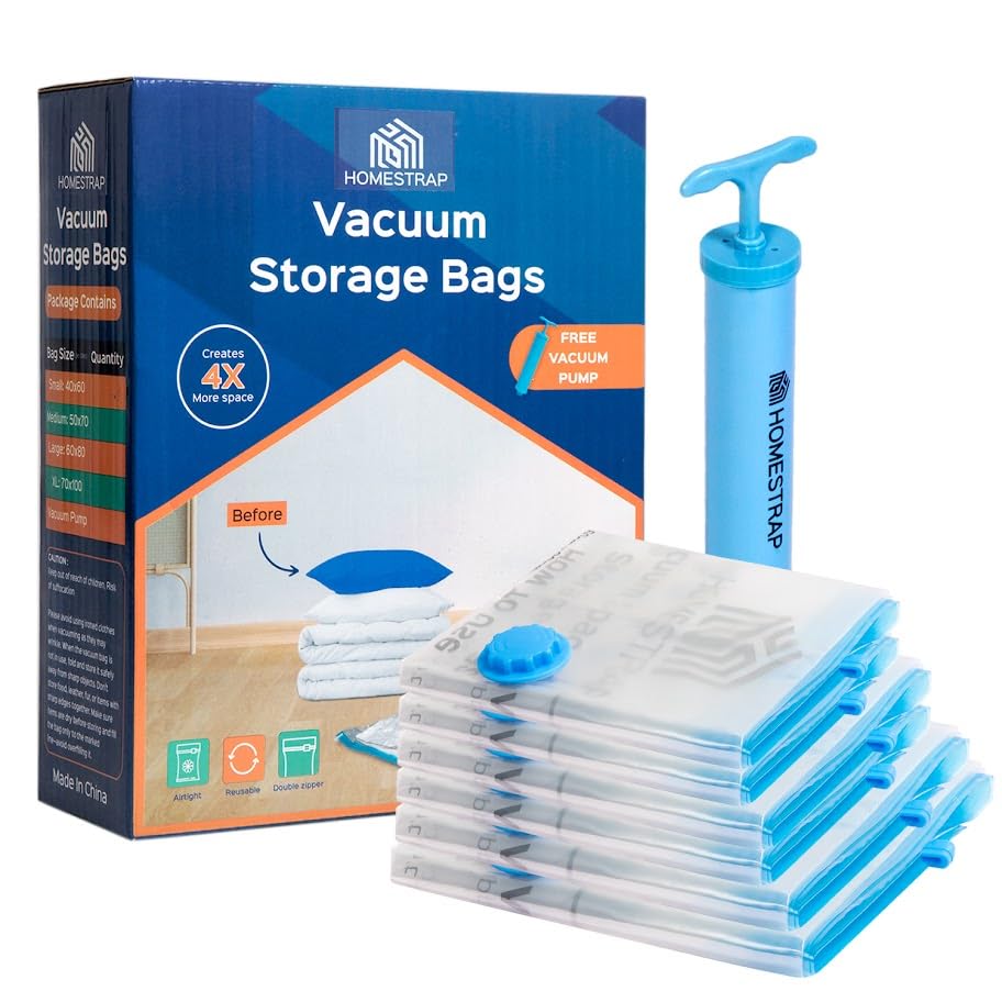 HomeStrap Vacuum Storage Bags with Pump (Pack of 6) 2 Small 2 Medium 1 Large 1XL| Airtight and Reusable Space Saver Double Ziplock Compression Bags with Vacuum Pump|Creates 4x More Space for Clothes