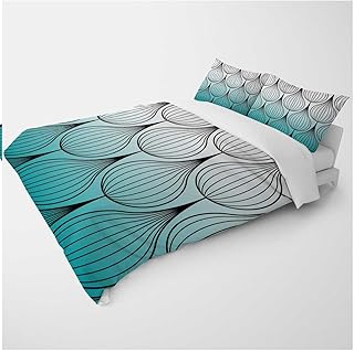 Queen Duvet Cover Pattern White Cyan Teal Gradient Abstract Geometric Lines Sleep Zone for Kids Teens Adults (Queen,90