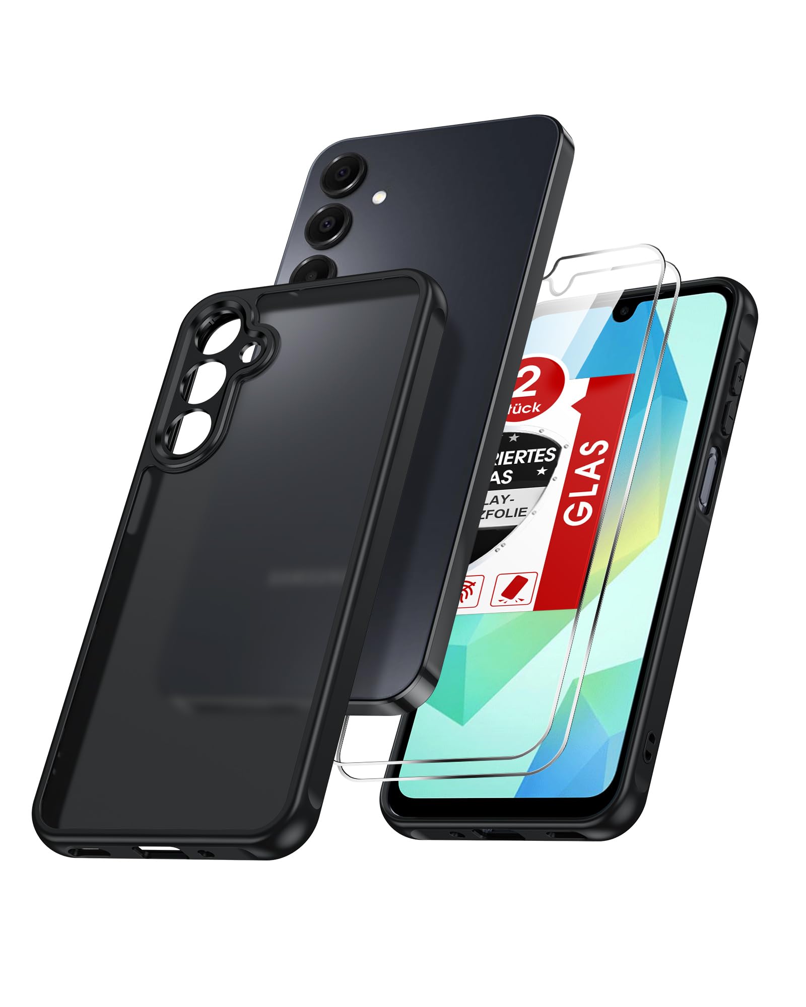 LeYi für Samsung Galaxy A16 Hülle mit 2 Schutzfolie 5G/4G Matt Case-Schwarz