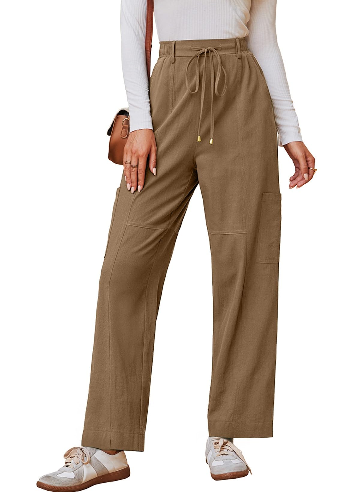 Dokotoo Womens Drawstring High Waisted Pants 100 Cotton Casual Loose Outdoor Travel Trousers with 4 Pockets