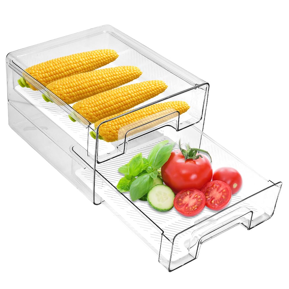 Kühlschrank Organizer Doppelschichtige Aufbewahrungsbox Stapelbare Aufbewahrungsschubladen 25*21*14.5cm Vorratsbehälter durchsichtige Küchen Aufbewahrung Organizer für Kühlschrank, Schrank
