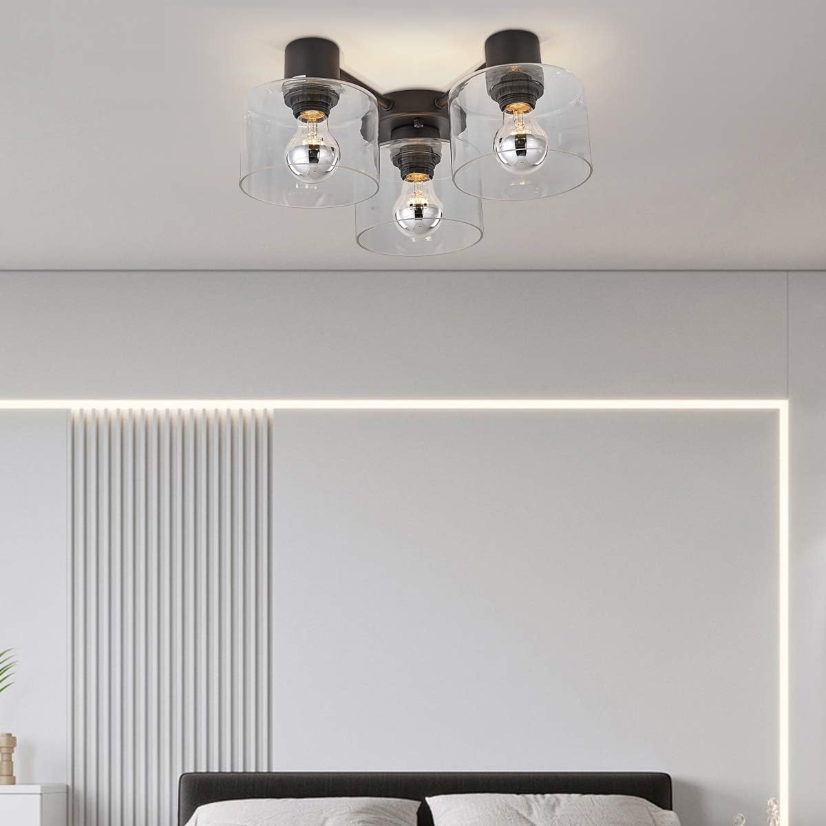Frее Shірріng оƒƒеr TeHenoo 3-Light Flush Mount Light Fixture, Clear Glass Shade,Matte Black Ceiling Light Fixture for Kitchen,Dining Room,Living Room, Bedroom, Cafe, Bar,Hallway