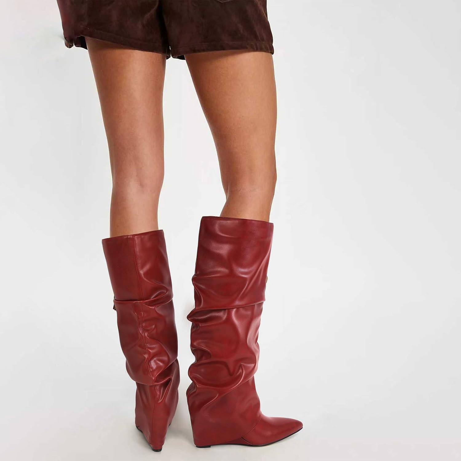 MICIFA Women's Fold Over Boots Slouch Knee High Boots for Women Wedge Heel Pull-on Pointed Toe Wide Calf Tall Shoes Black - Image 5