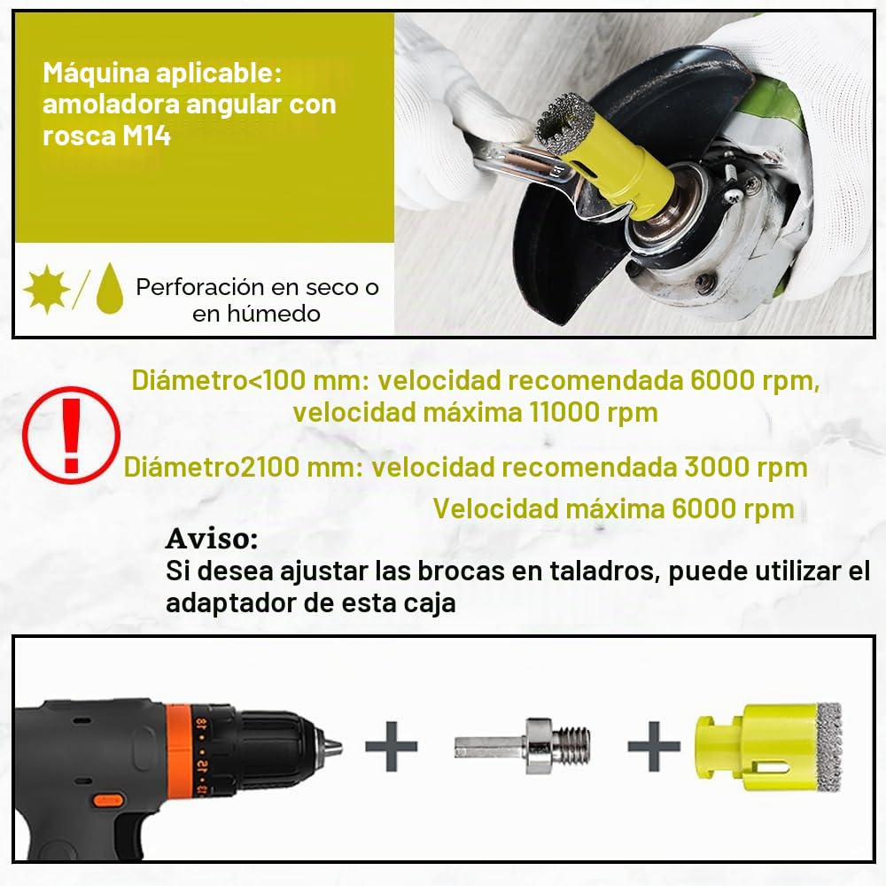 Juego Brocas Diamante 12piezas - (6/6/8/20/25/35/50/68/110mm+20mmBroca Fresado+50mmBroca Chaflán+Adaptador) Dentado Sierra Perforadora Diamante Cerámica Porcelánico Mármol Granito M14 Rosca