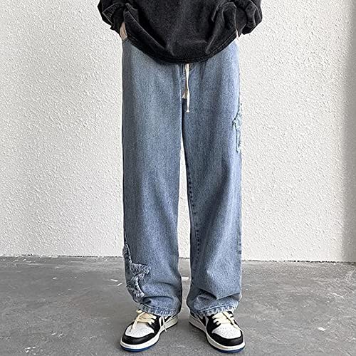 Nutriangee Men's Stars Patch Jeans, Unisex Slim Fit Hip Hop Straight Leg Loose Goth Denim Pants Blue 882 32 #TOP2