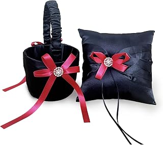 Flower Girl Baskets and Ring Bearer Pillow Set, Fariy Baskets with Pearl Rhinestones Satin Lace for Flower Girls, Ring Pillow for Ring Boy Wedding Ceremony Party Decor (Red Bow Set)