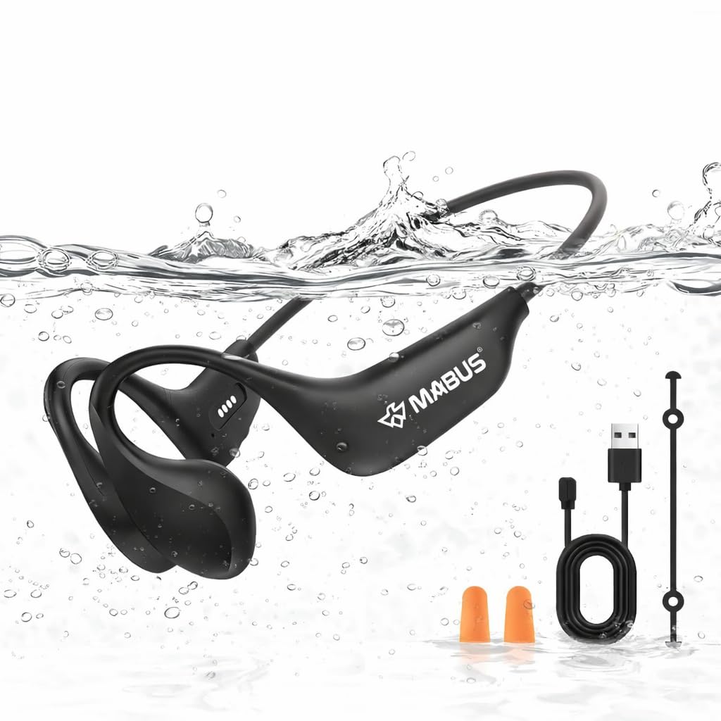 MABUS Cuffie guida ossea sportive IP68 – Bluetooth 5.4, 16 GB memoria interna, subacquee per nuoto, corsa e ciclismo, design Open-Ear, 8,5 ore con ricarica rapida