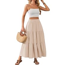 HUSKARY Womens Summer Casual Elegant Smock Layered Tiered Maxi Skirt High Waisted A Line Flowy Long Skirts with Pockets