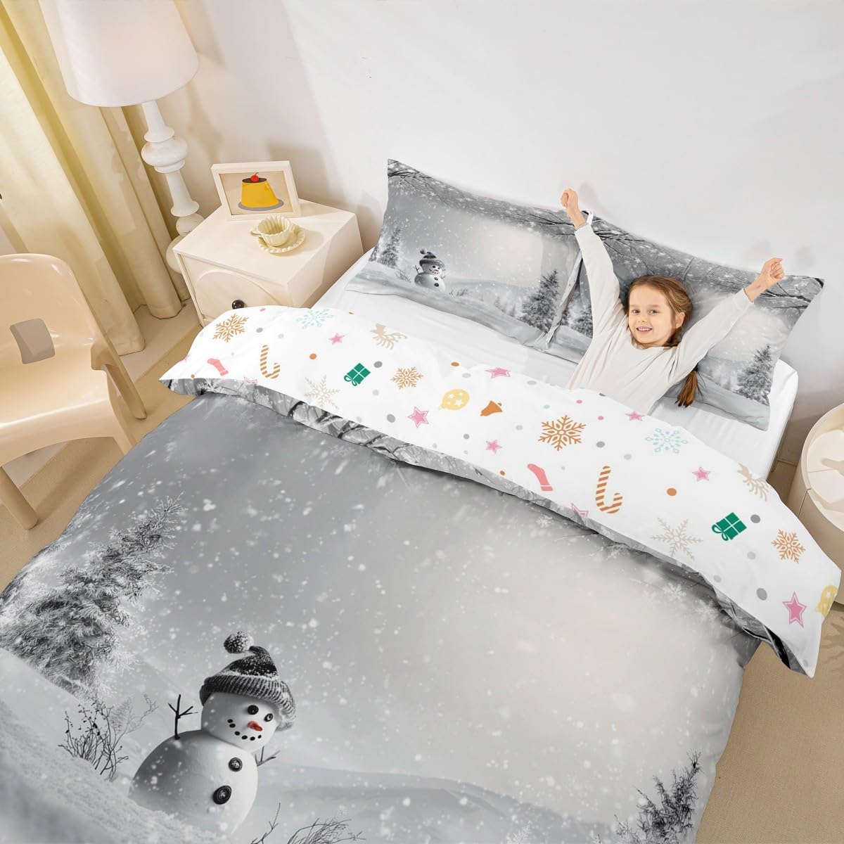 Cute Snowman Bedding Set Queen,3D Cedar Print Comforter Cover for Boys Girls,Kids Winter Snow Scenery Duvet Cover Set Christmas Theme Bedspread Cover Teens Bedroom Decor Bed Collection(No Comforter)