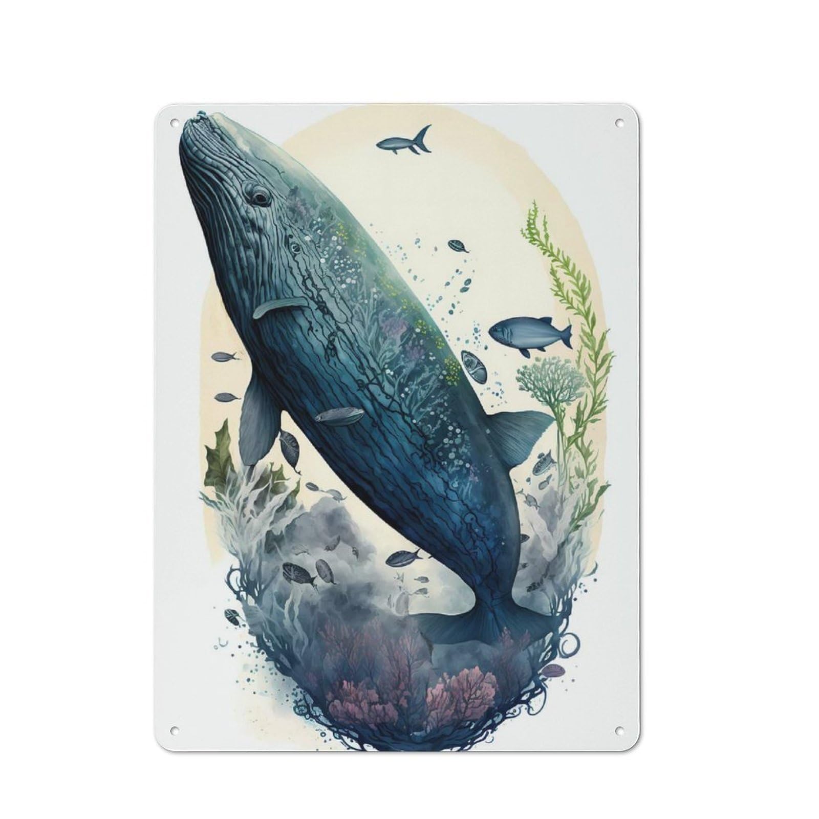 Junmoney Watercolor Whale Tin Sign 40X30cm For Workshop Wall, Retro Wall Decor, Suited To Metal Sign Collectors