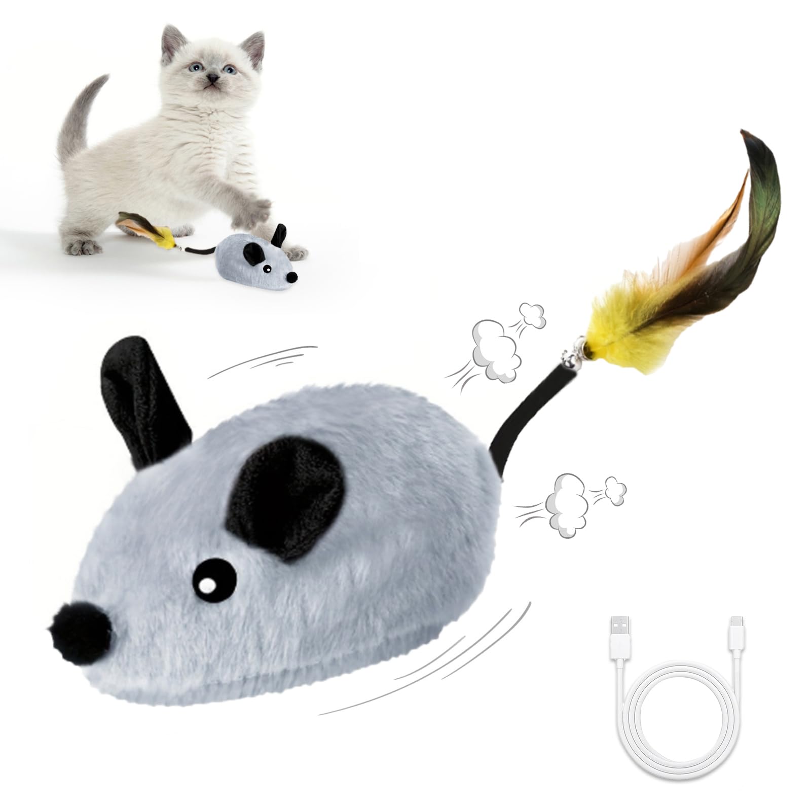 Pixibond Interactive Mouse Cat Toy, Automatic Moving Fake Rat Mouse Cat Toy, Realistic Rechargeable Dog Mouse Toy with Sound & Feather & Bell, Prank Joke Scary Trick Rats for Cats Dogs (Grey)