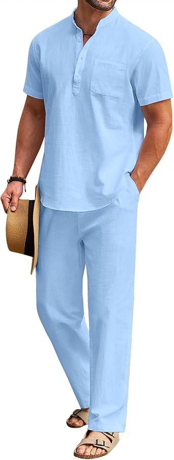 31% off: COOFANDY Men's 2 Pieces Cotton Linen Set Casual Short Sleeve Henley Shirts Beach Yoga Pants …