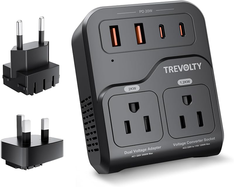 2000W Voltage Converter US to Europe for Hair Dryer, 220V to 110V Converter for European Travel with 3AC/2USB-A/2USB-C (PD20W), Power Converter Adapter Combo with Type C G Plug (Black)