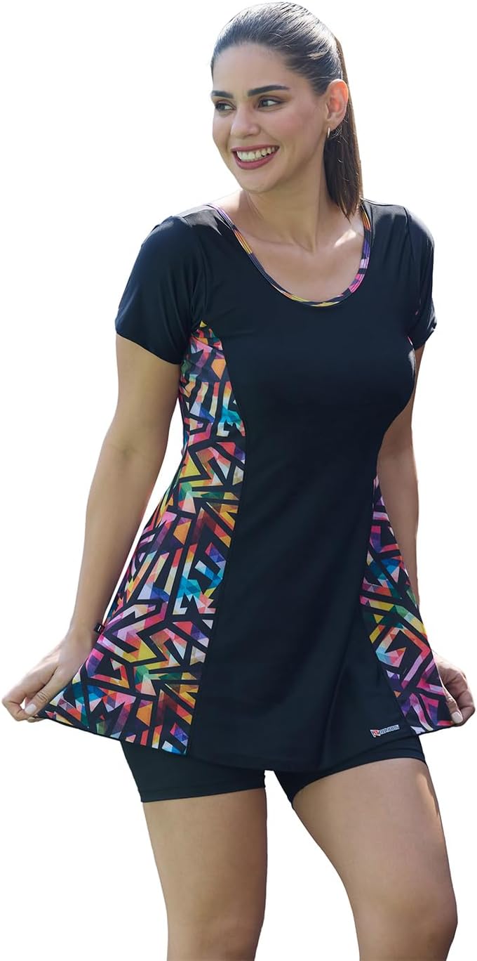 Poly Spandex Swimming Costume for Women I Removable Pads I Half Sleeves I Half Length