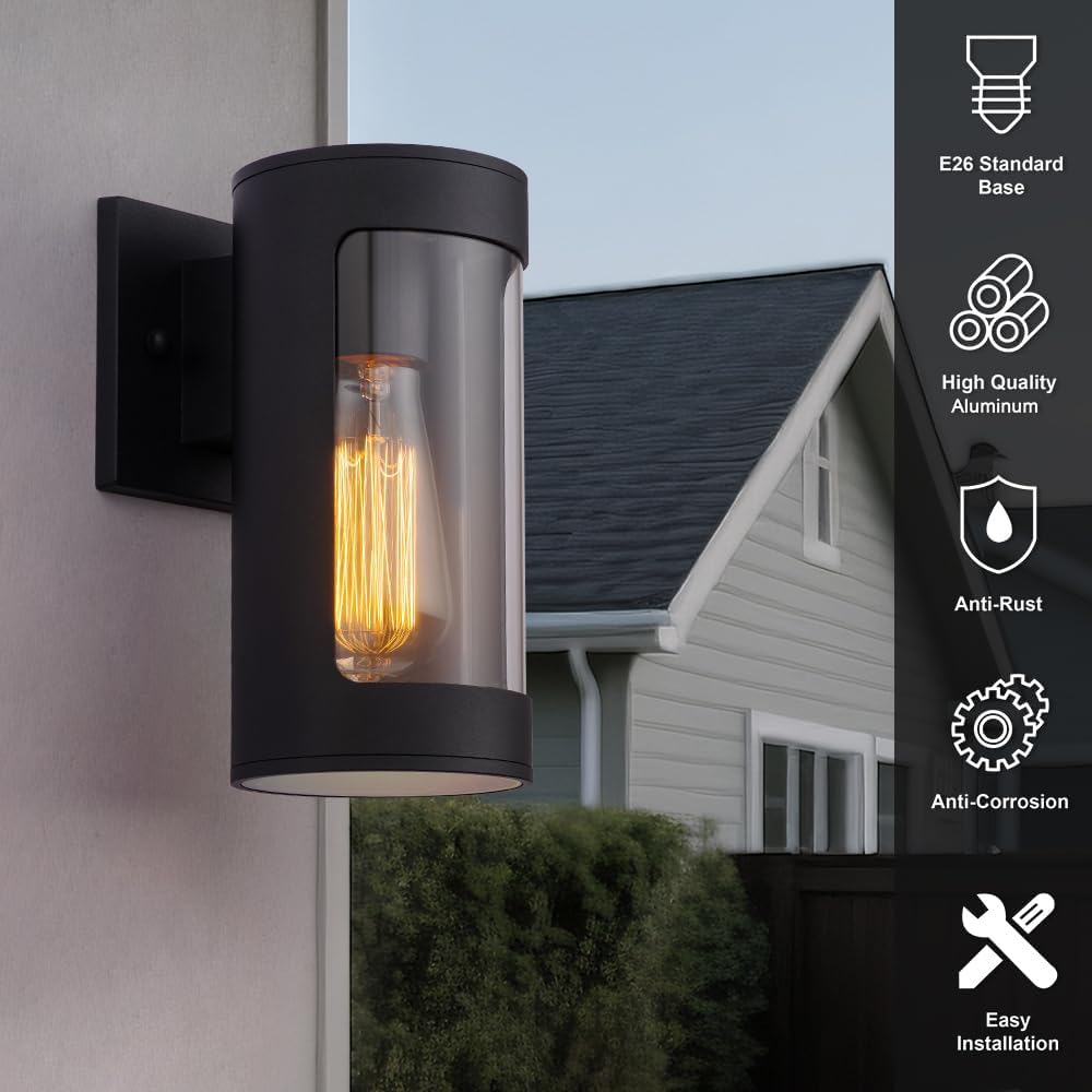 Cerdeco Black Outdoor Wall Lights,Cylinder Aluminum Porch Light with Transparent Glass,Modern Outdoor Wall Sconces,2 Pack
