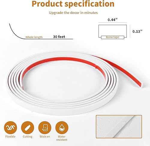 Miniatura 5 de Wowstar Moldura para despegar y pegar de 30 pies, moldura para paredes, bordes, marcos de ventanas, azulejos contra salpicaduras, borde flexible y