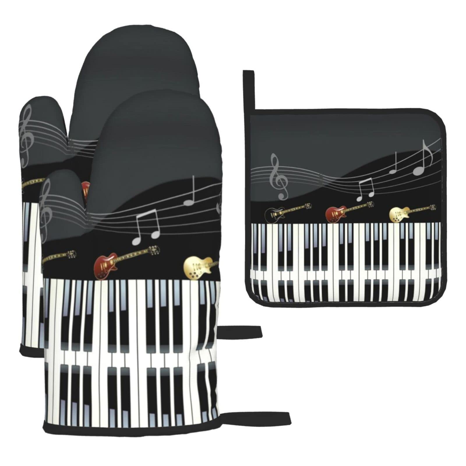 Guitar Piano Pattern Oven Mitts and Pot Holder Kitchen Set for Grilling, Cooking, Baking, Heat Resistant