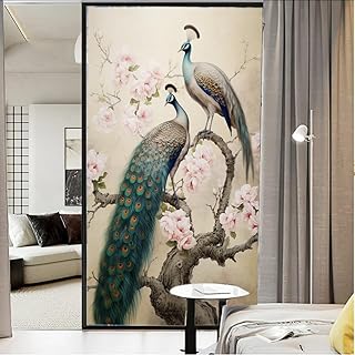 Rustic Peacock Window Privacy Film Flowers Bird Vintage Animals Stained Glass Window Coverings Static Cling Window Film for Home Office Stores 35.4Wx63L